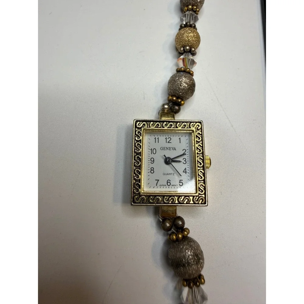 Geneva Womens Beaded Bracelet Watch Gold Silver Tone Scroll Bezel Quartz 7.5 In